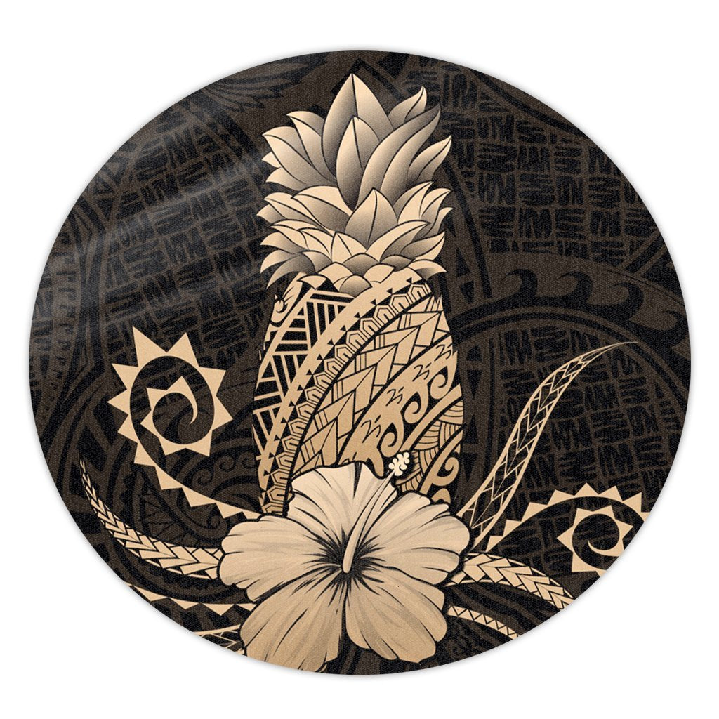 Hawaii Polynesian Pineapple Hibiscus Round Carpet - Gold - AH Round Carpet Luxurious Plush - Polynesian Pride