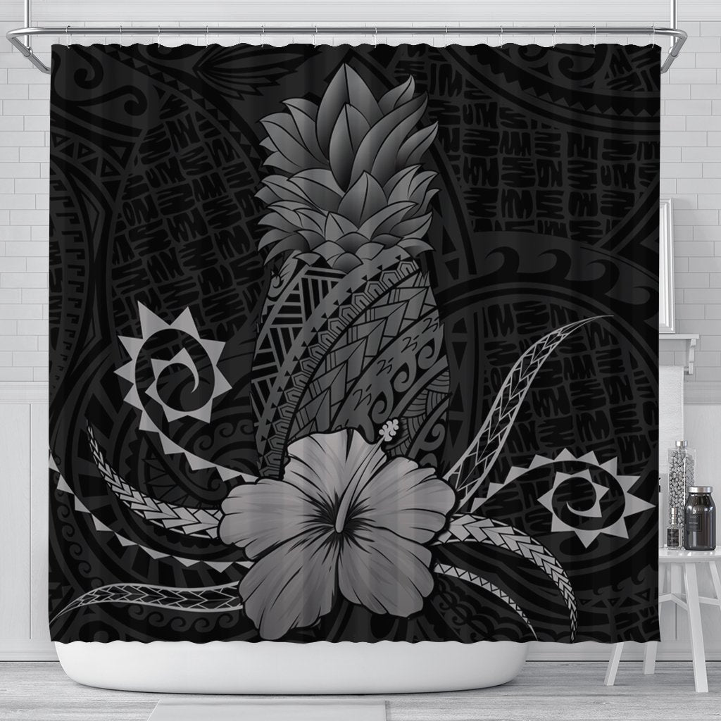 Hawaii Polynesian Pineapple Hibiscus Shower Curtain - Gray - AH 177 x 172 (cm) Black - Polynesian Pride