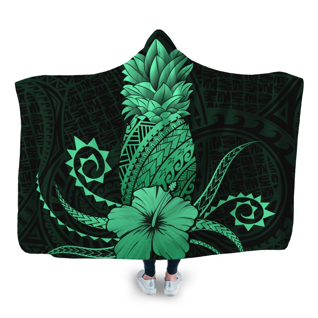 Hawaii Polynesian Pineapple Hibiscus Hooded Blanket - Green - AH Hooded Blanket White - Polynesian Pride