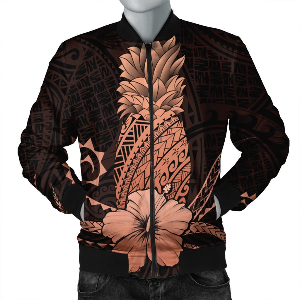 Hawaii Polynesian Pineapple Hibiscus Bomber Jacket - Orange - AH Black Unisex - Polynesian Pride