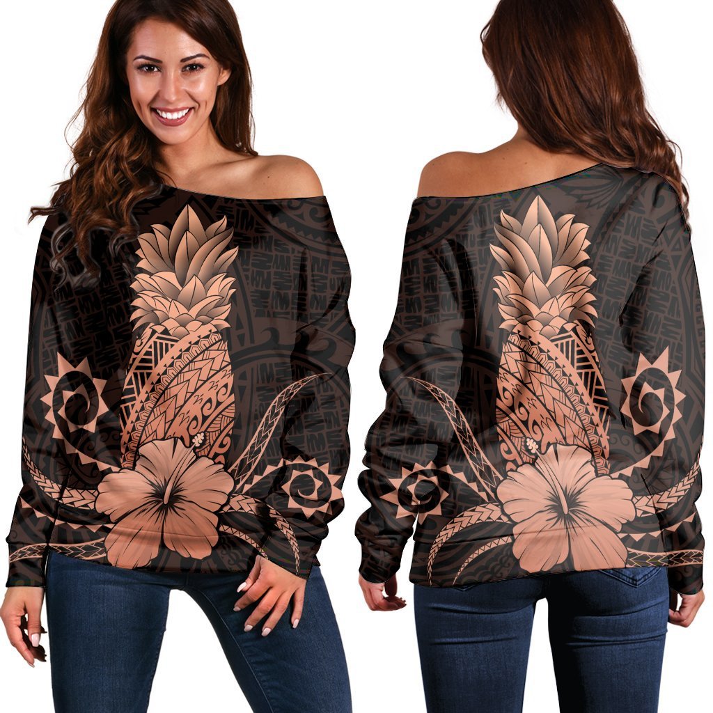 Hawaii Polynesian Pineapple Hibiscus Women's Off Shoulder Sweater - Orange - AH Black - Polynesian Pride