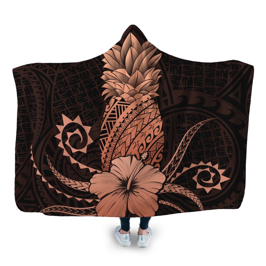 Hawaii Polynesian Pineapple Hibiscus Hooded Blanket - Orange - AH Hooded Blanket White - Polynesian Pride