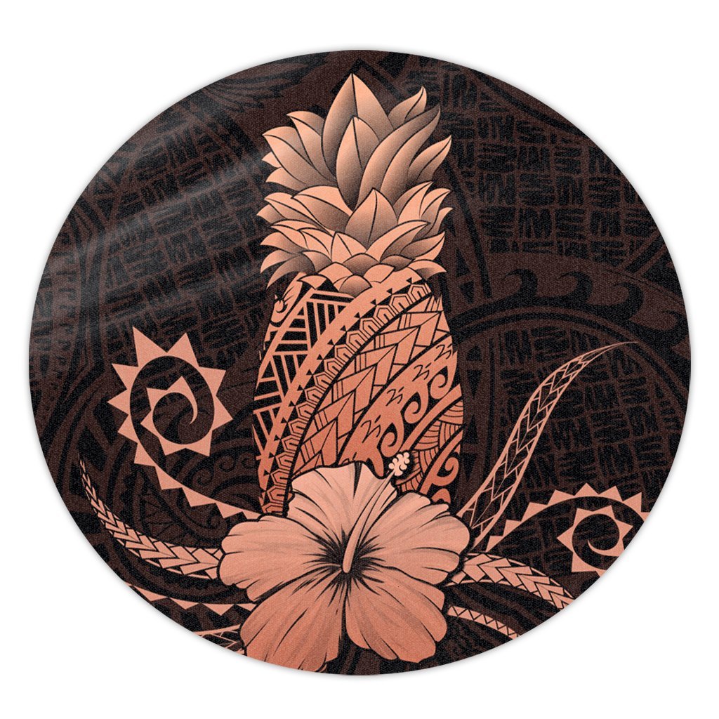 Hawaii Polynesian Pineapple Hibiscus Round Carpet - Orange - AH Round Carpet Luxurious Plush - Polynesian Pride