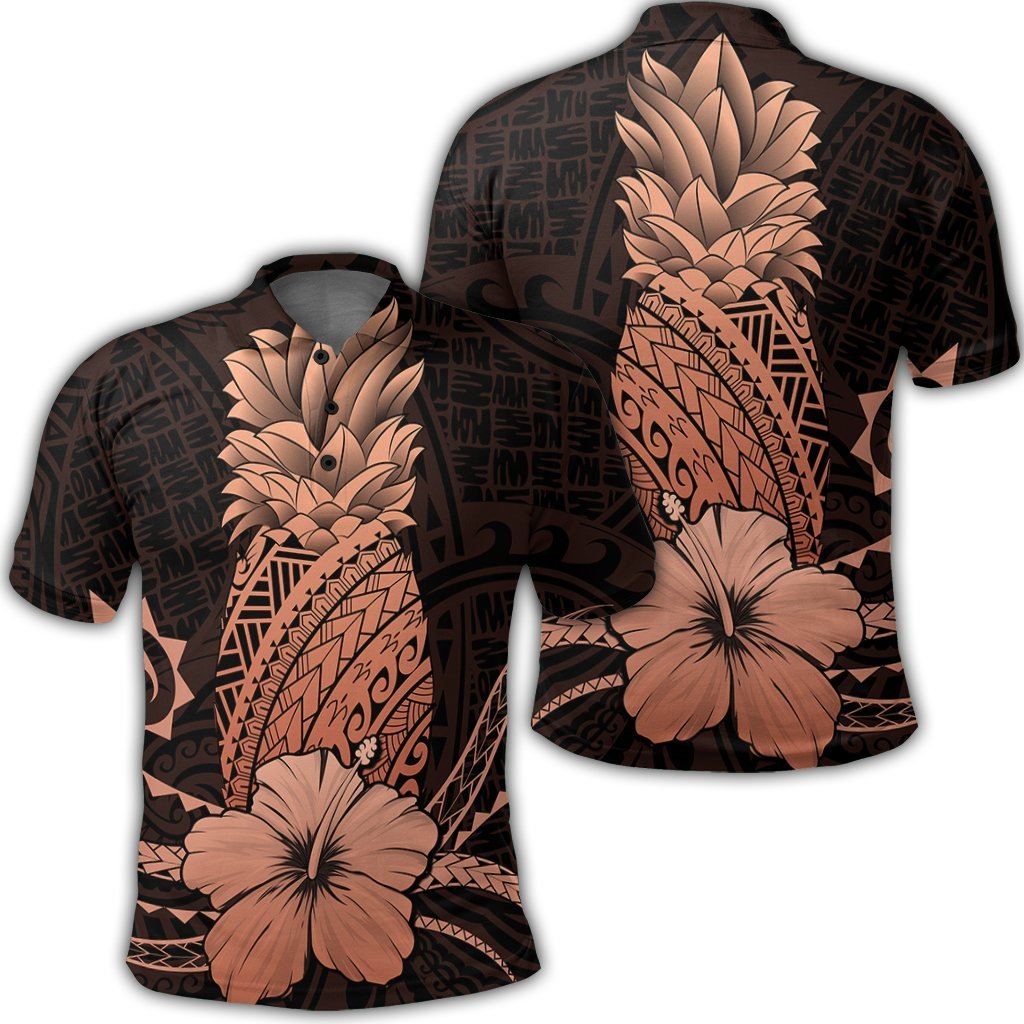 Hawaii Polynesian Pineapple Hibiscus Polo Shirt Orange Unisex Black - Polynesian Pride