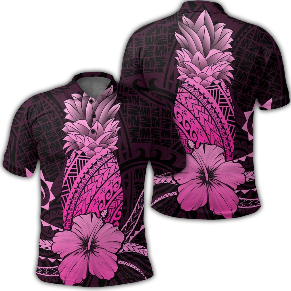 Hawaii Polynesian Pineapple Hibiscus Polo Shirt Pink Unisex Black - Polynesian Pride