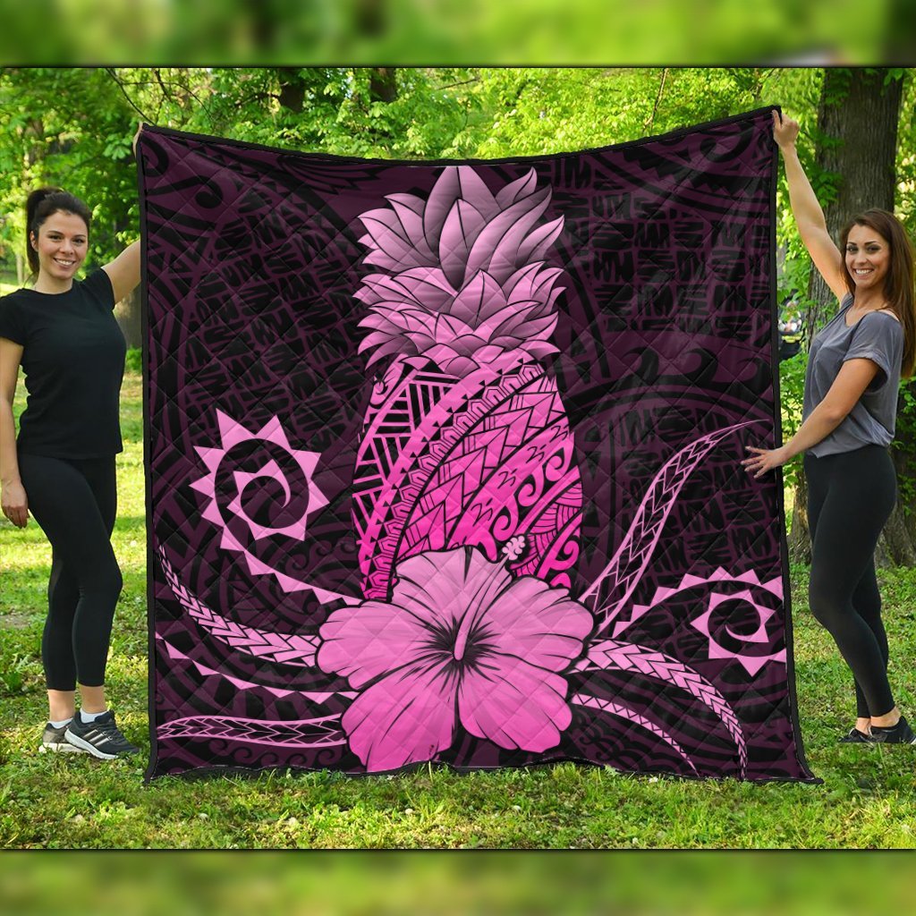 Hawaii Polynesian Pineapple Hibiscus Premium Quilts - Pink - AH Black - Polynesian Pride