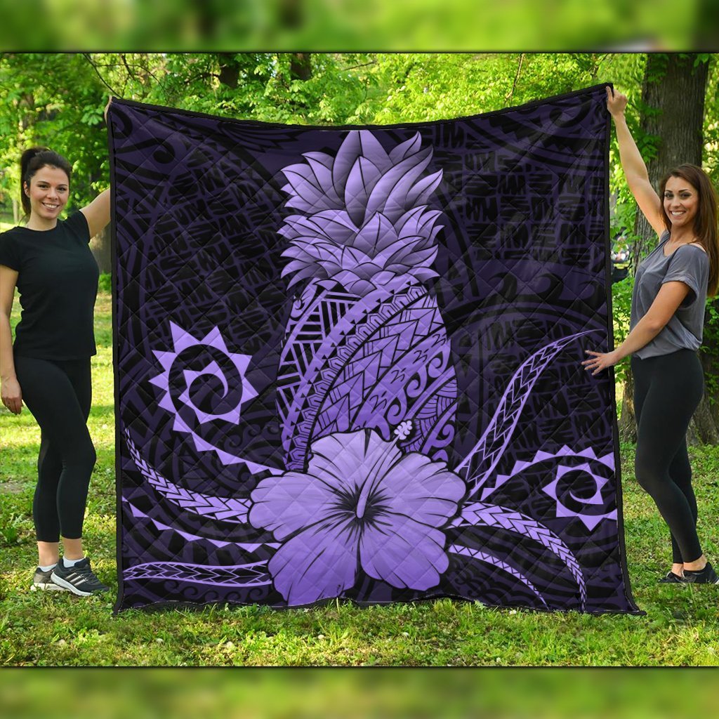 Hawaii Polynesian Pineapple Hibiscus Premium Quilts - Purple - AH Black - Polynesian Pride