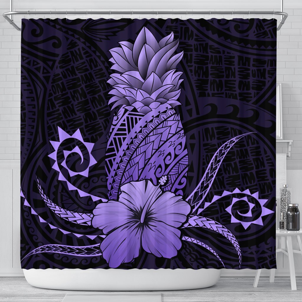 Hawaii Polynesian Pineapple Hibiscus Shower Curtain - Purple - AH 177 x 172 (cm) Black - Polynesian Pride