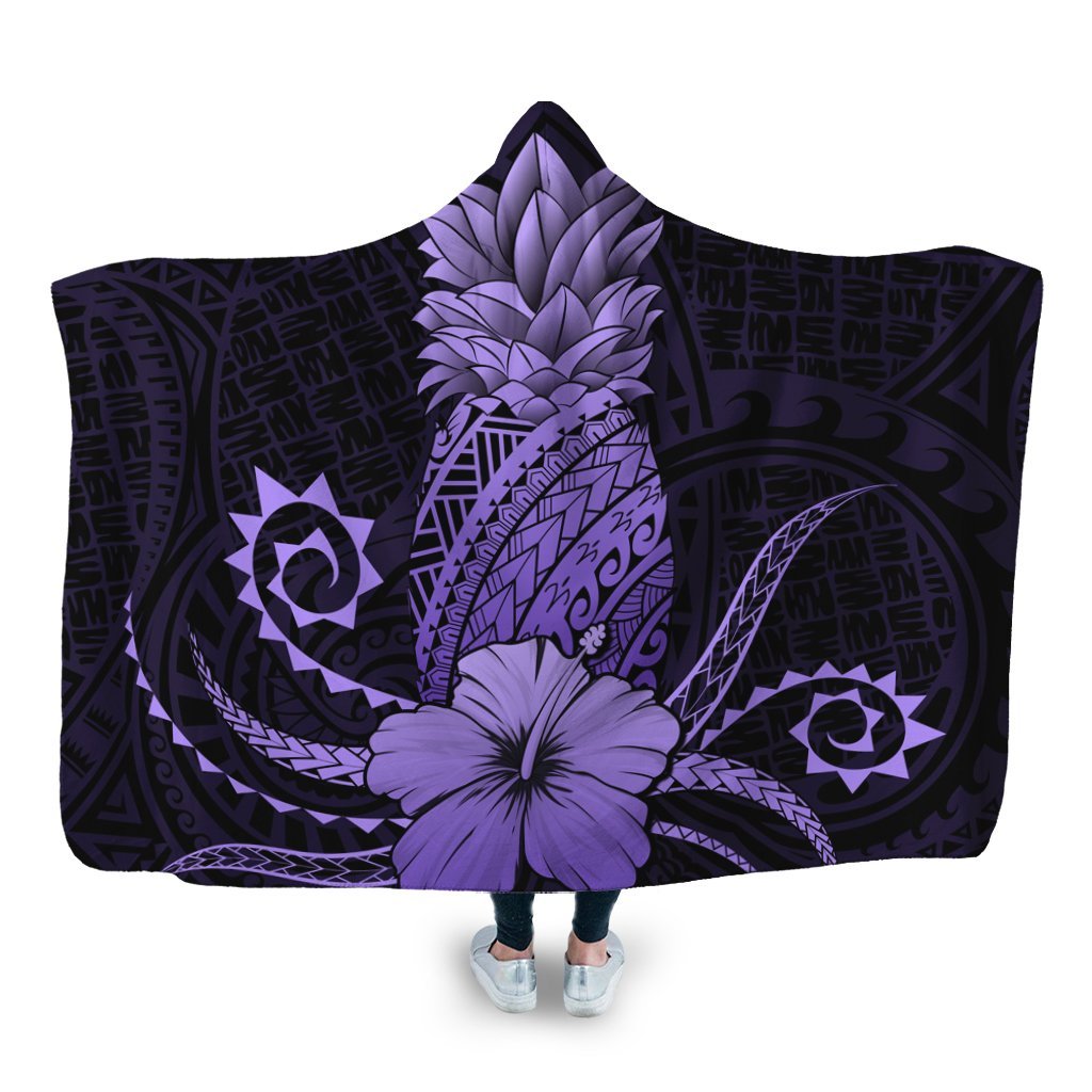 Hawaii Polynesian Pineapple Hibiscus Hooded Blanket - Purple - AH Hooded Blanket White - Polynesian Pride