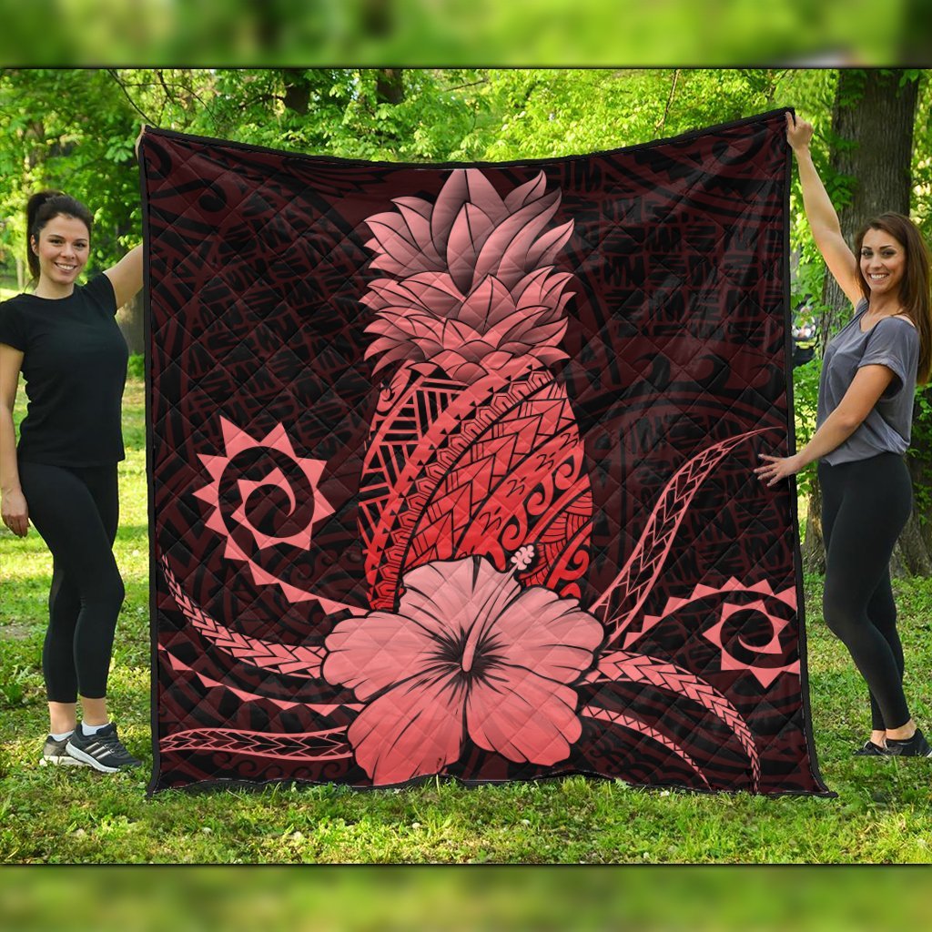 Hawaii Polynesian Pineapple Hibiscus Premium Quilts - Red - AH Black - Polynesian Pride