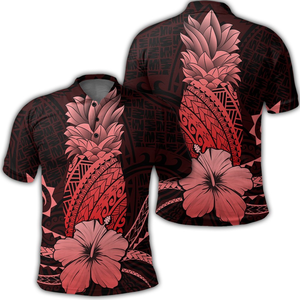 Hawaii Polynesian Pineapple Hibiscus Polo Shirt Red Unisex Black - Polynesian Pride