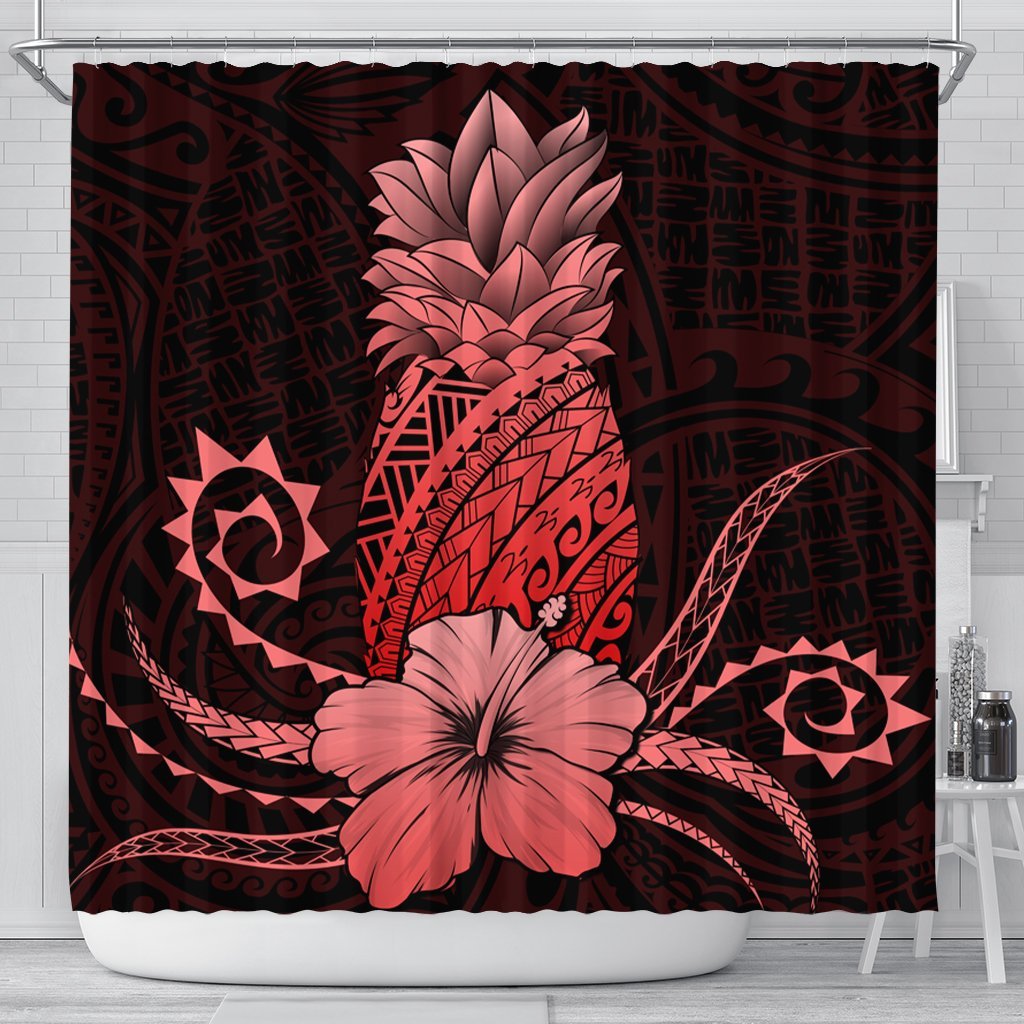 Hawaii Polynesian Pineapple Hibiscus Shower Curtain - Red - AH 177 x 172 (cm) Black - Polynesian Pride