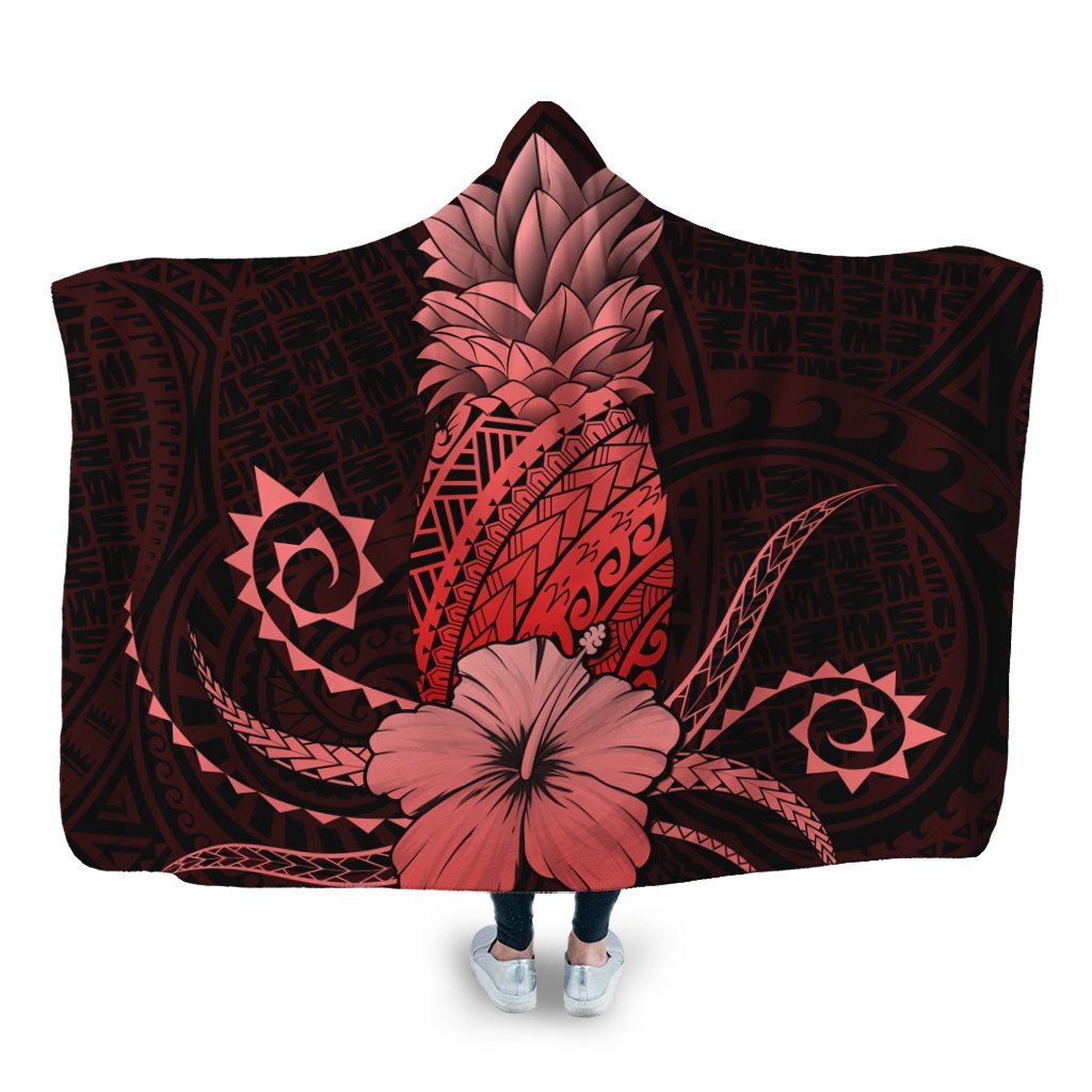 Hawaii Polynesian Pineapple Hibiscus Hooded Blanket - Red - AH Hooded Blanket White - Polynesian Pride