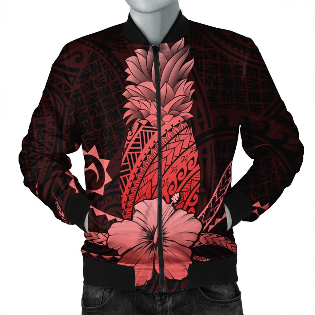 Hawaii Polynesian Pineapple Hibiscus Bomber Jacket - Red - AH Black Unisex - Polynesian Pride