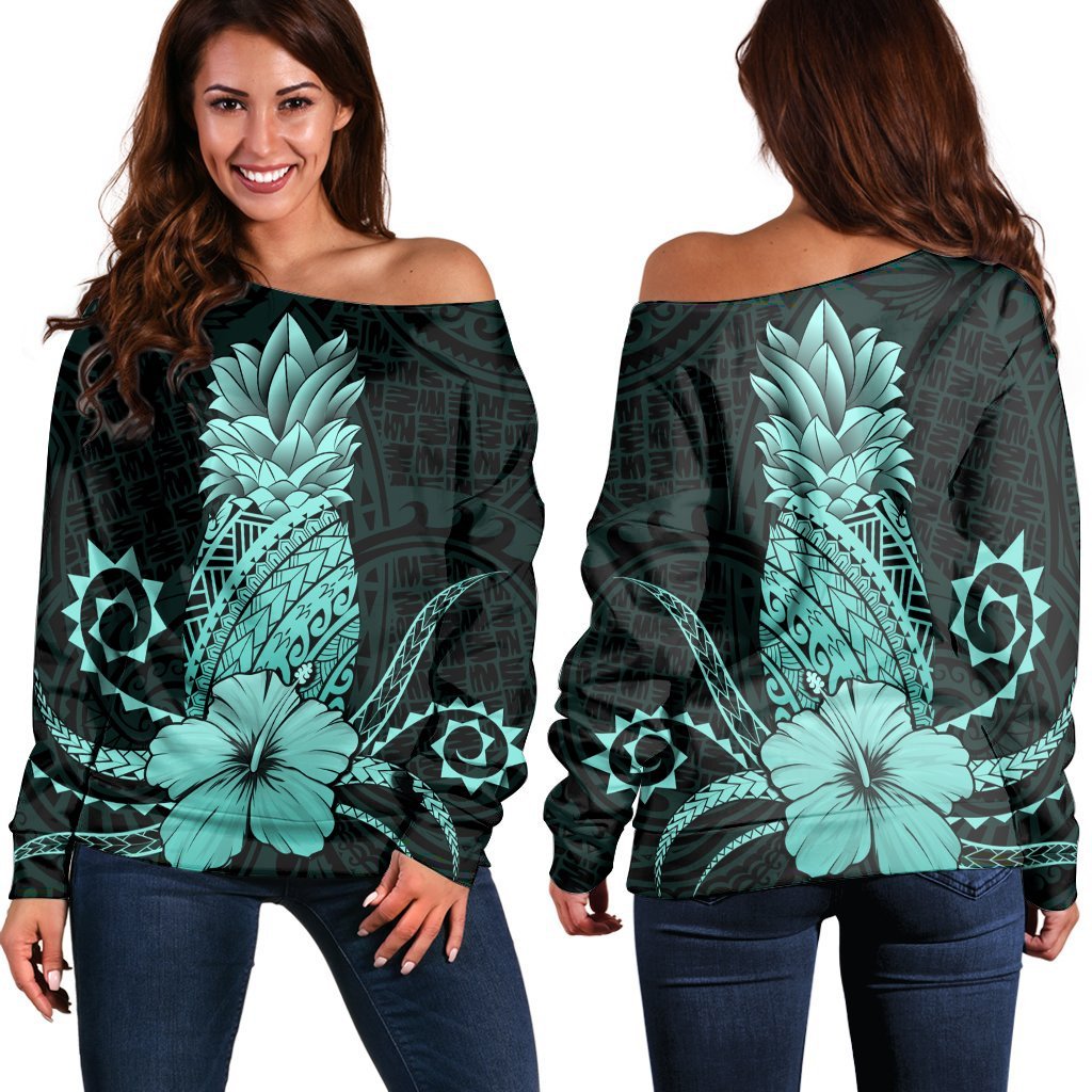 Hawaii Polynesian Pineapple Hibiscus Women's Off Shoulder Sweater - Turquoise - AH Black - Polynesian Pride