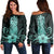 Hawaii Polynesian Pineapple Hibiscus Women's Off Shoulder Sweater - Turquoise - AH Black - Polynesian Pride