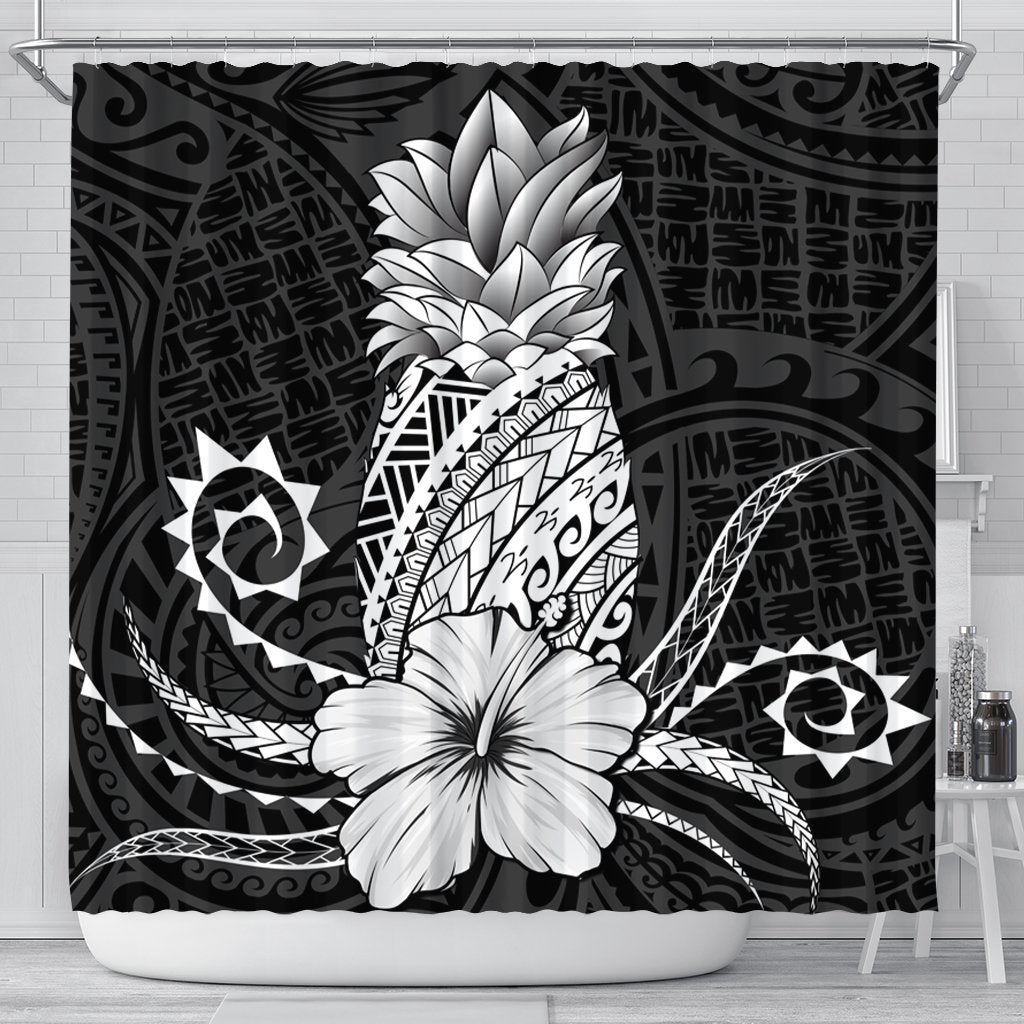 Hawaii Polynesian Pineapple Hibiscus Shower Curtain - White - AH 177 x 172 (cm) Black - Polynesian Pride