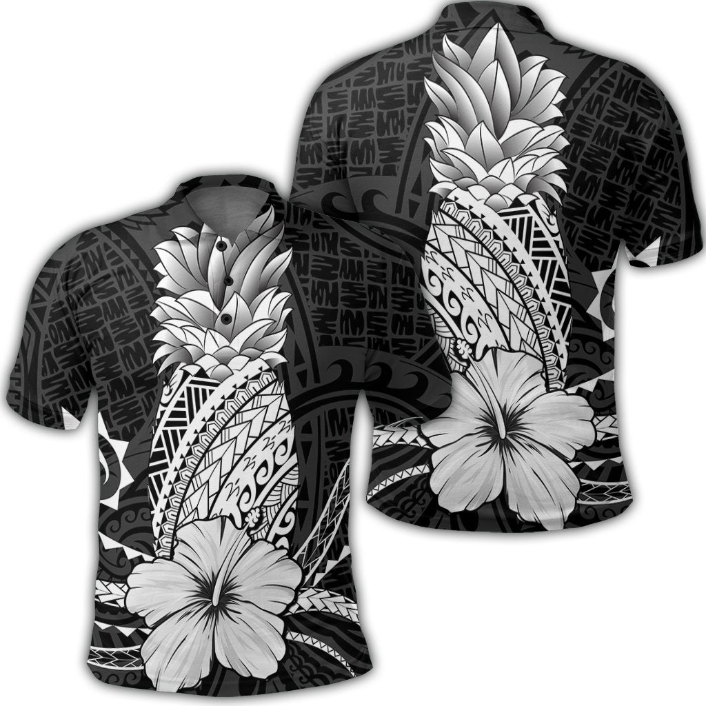 Hawaii Polynesian Pineapple Hibiscus Polo Shirt White Unisex Black - Polynesian Pride