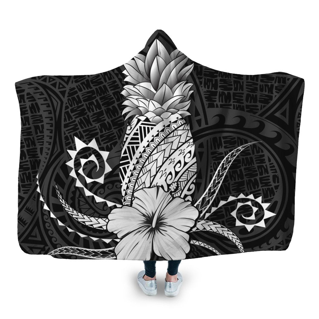 Hawaii Polynesian Pineapple Hibiscus Hooded Blanket - White - AH Hooded Blanket White - Polynesian Pride