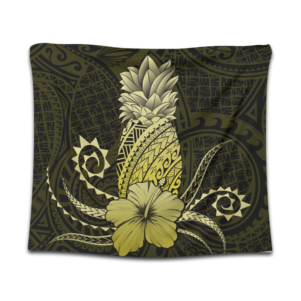 Hawaii Polynesian Pineapple Hibiscus Tapestry - Yellow - AH Wall Tapestry Black - Polynesian Pride