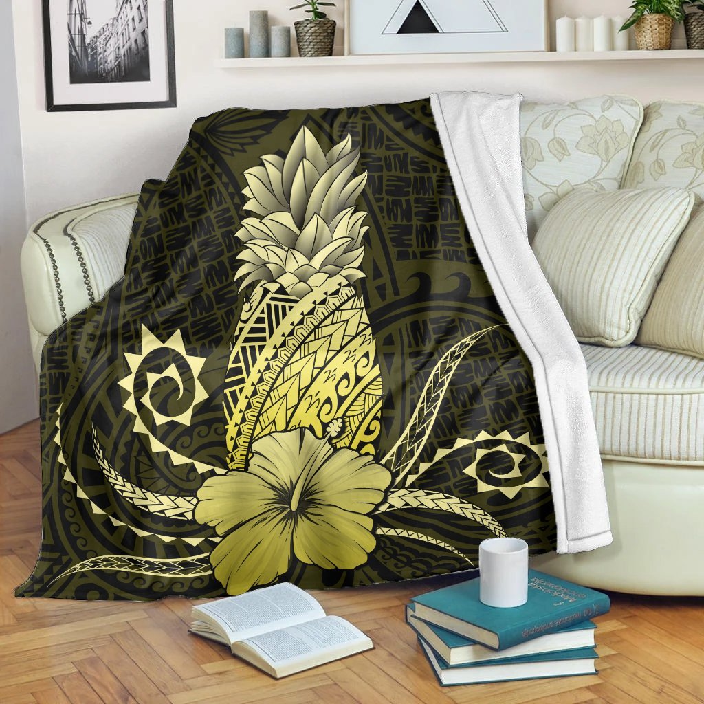 Hawaii Polynesian Pineapple Hibiscus Premium Blankets - Yellow - AH White - Polynesian Pride