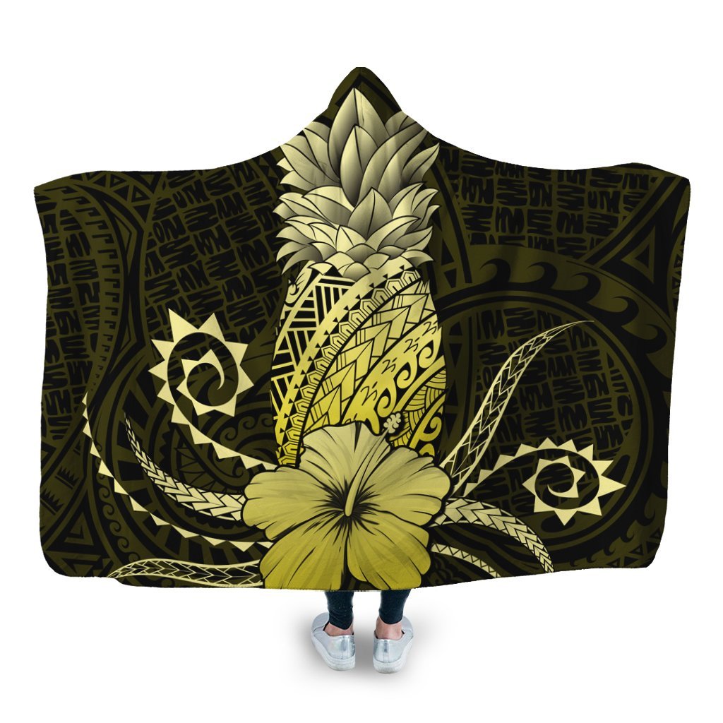 Hawaii Polynesian Pineapple Hibiscus Hooded Blanket - Yellow - AH Hooded Blanket White - Polynesian Pride