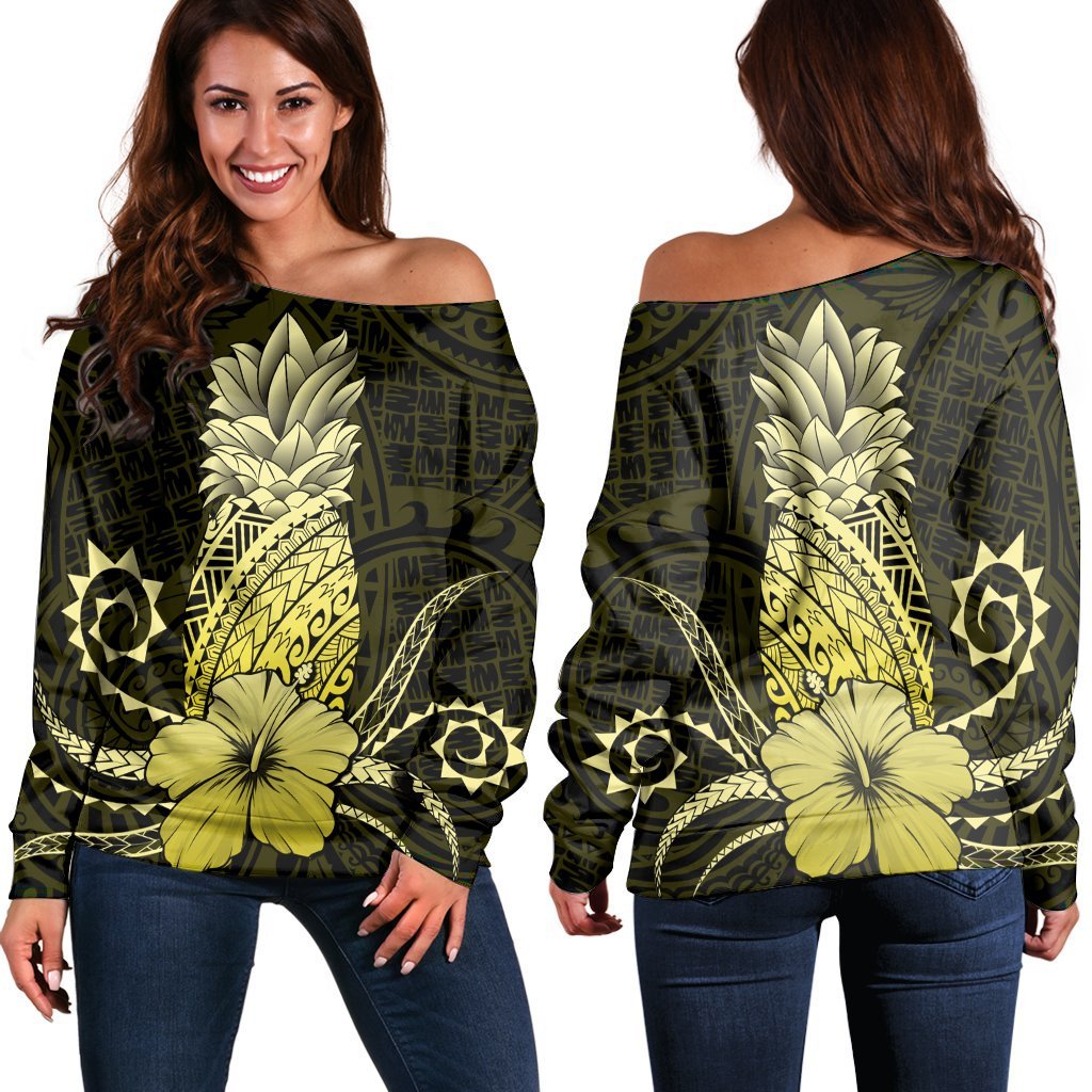 Hawaii Polynesian Pineapple Hibiscus Women's Off Shoulder Sweater - Yellow - AH Black - Polynesian Pride