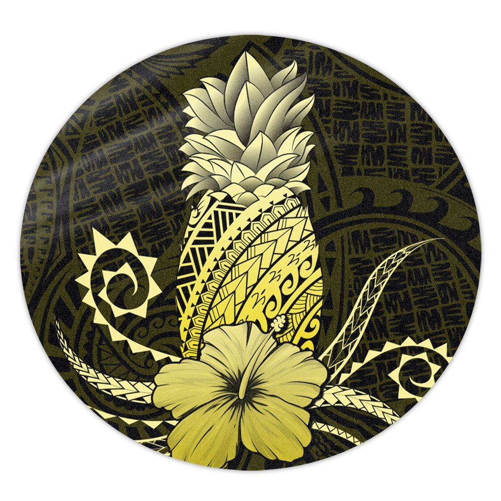 Hawaii Polynesian Pineapple Hibiscus Round Carpet - Yellow - AH Round Carpet Luxurious Plush - Polynesian Pride