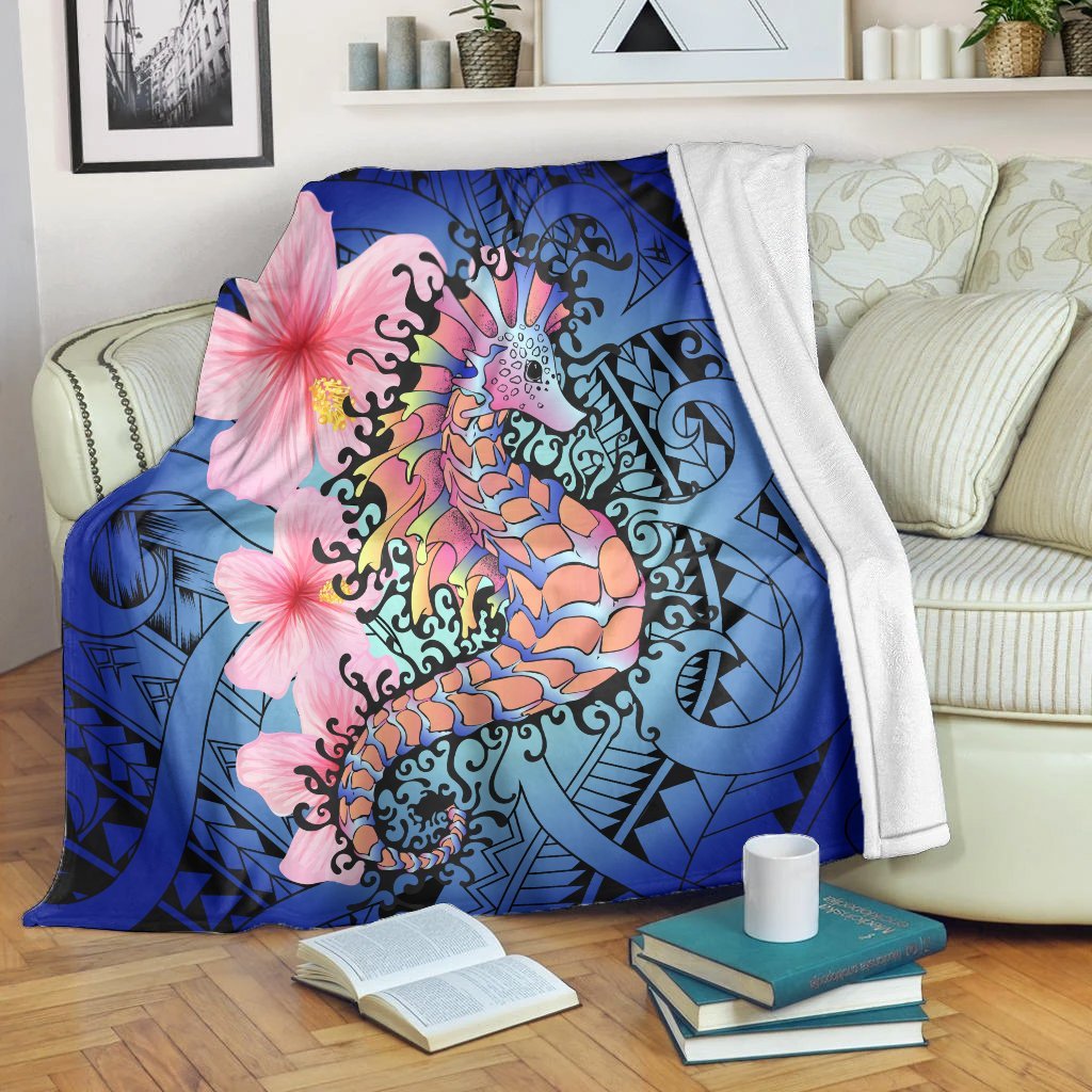 Hawaii Polynesian Pink Hibiscus Seahorse Premium Blankets - AH White - Polynesian Pride