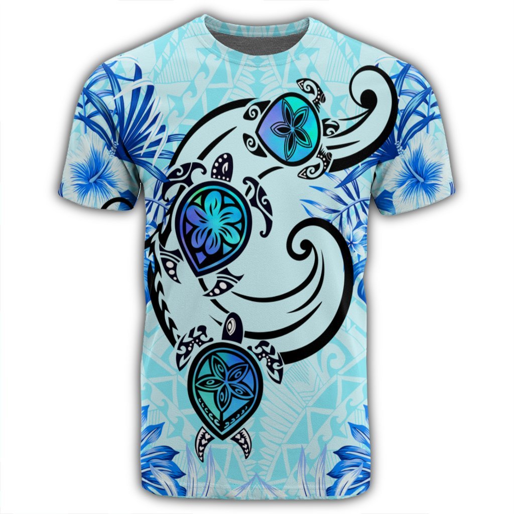 Hawaii Polynesian Plumeria Hibiscus Turtle T Shirt Jack Style Blue - Polynesian Pride