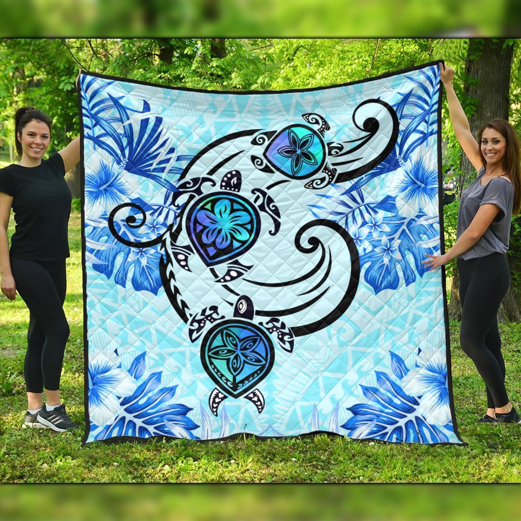 Hawaii Polynesian Plumeria Hibiscus Turtle Premium Quilts - AH - Jack Style - Blue Black - Polynesian Pride