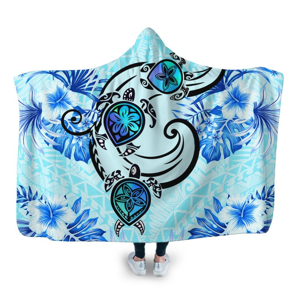 Hawaii Polynesian Plumeria Hibiscus Turtle Hooded Blanket - AH - Jack Style - Blue Hooded Blanket White - Polynesian Pride