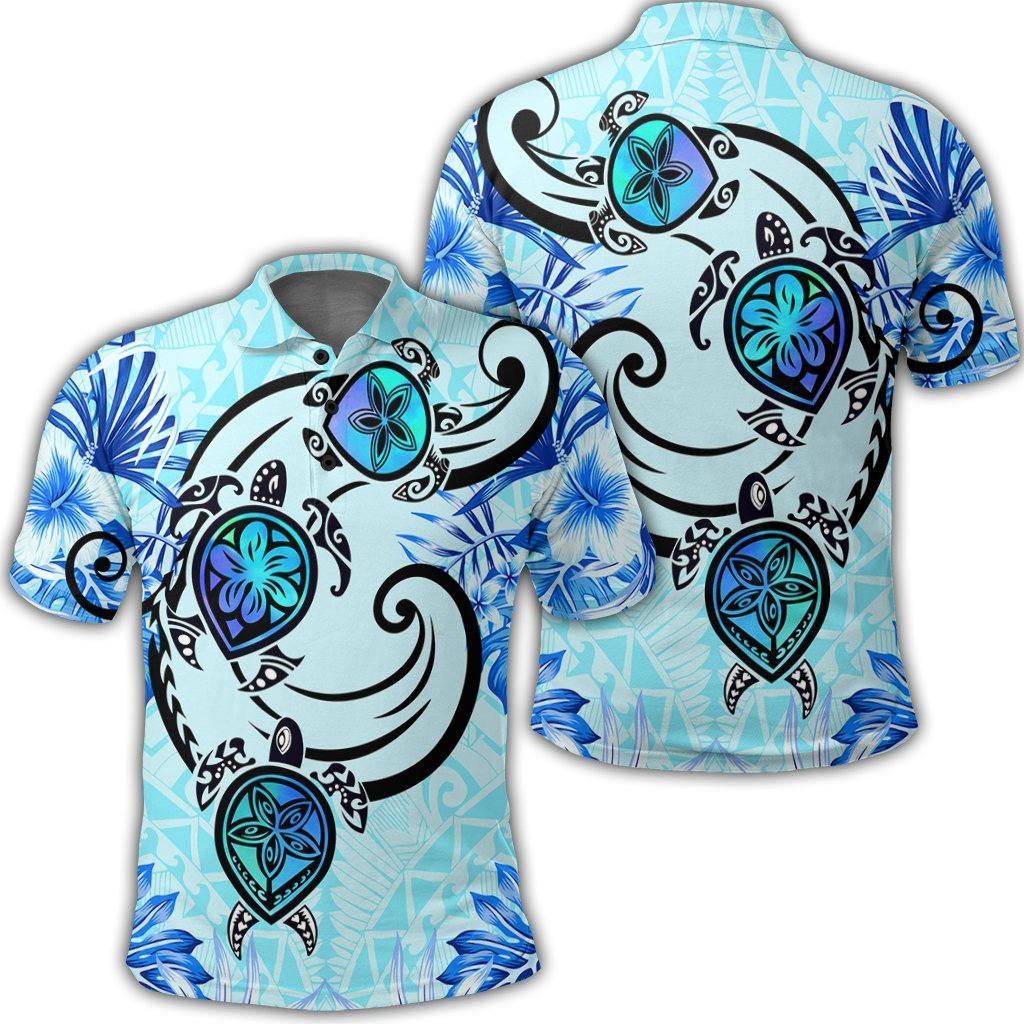 Hawaii Polynesian Plumeria Hibiscus Turtle Polo Shirt Jack Style Blue Unisex Black - Polynesian Pride