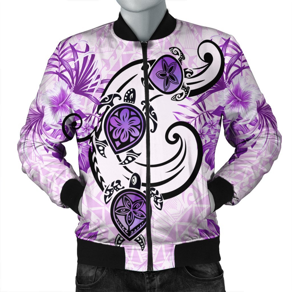 Hawaii Polynesian Plumeria Hibiscus Turtle Bomber Jacket - AH - Jack Style - Pink Black Unisex - Polynesian Pride