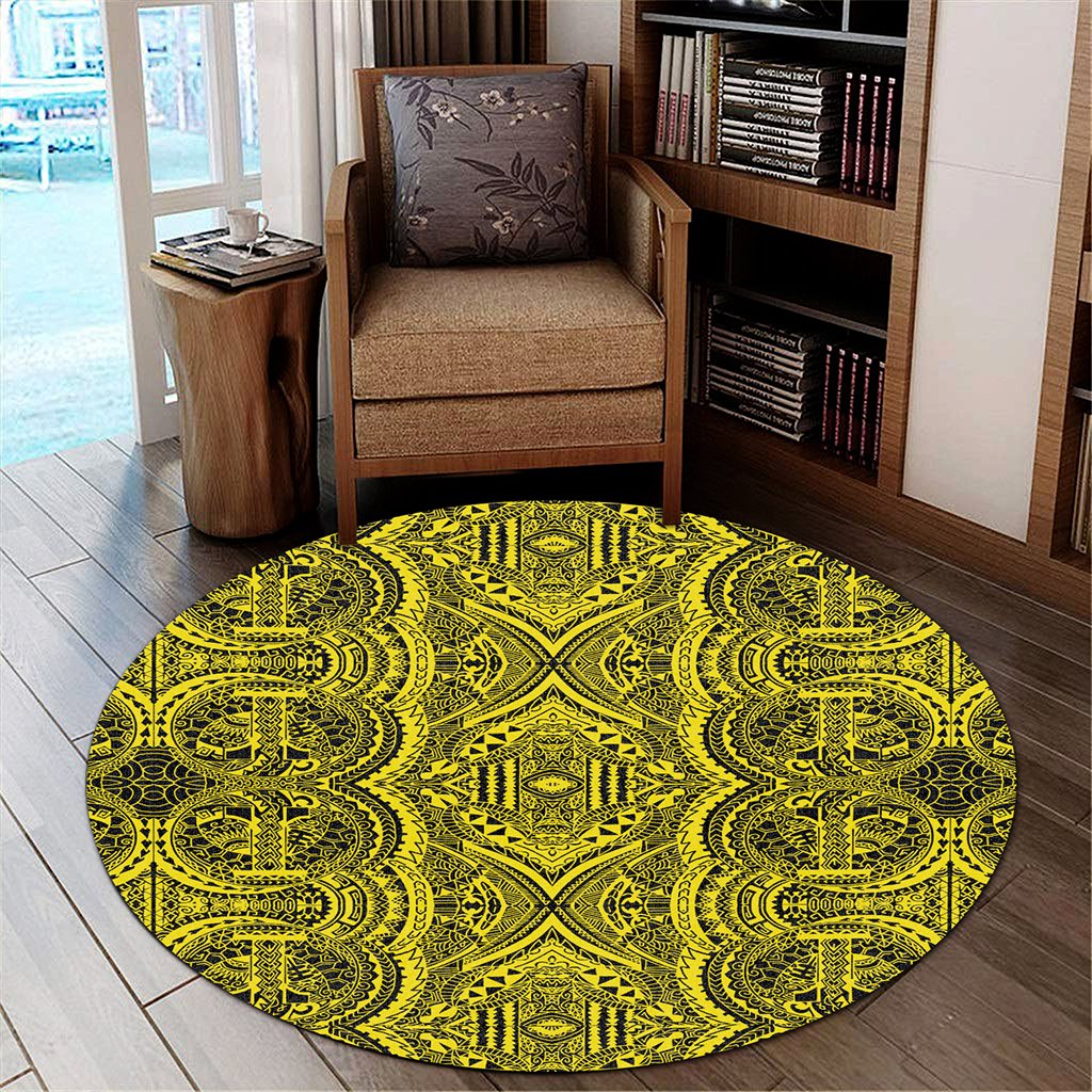 Hawaii Polynesian Symmetry Yellow Round Carpet - AH Round Carpet Luxurious Plush - Polynesian Pride