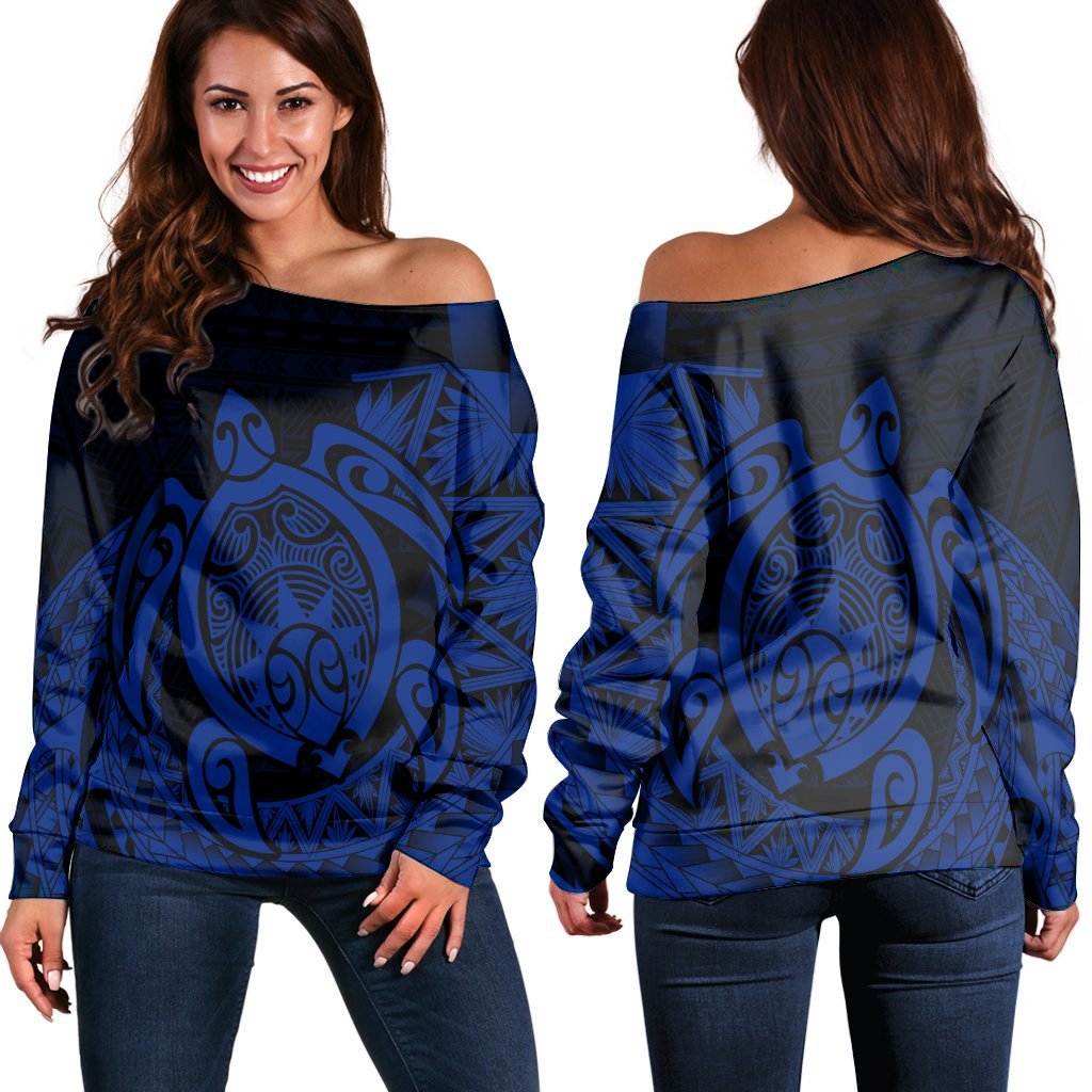 Hawaii Polynesian Turtle Women's Off Shoulder Sweater - Blue - AH Black - Polynesian Pride