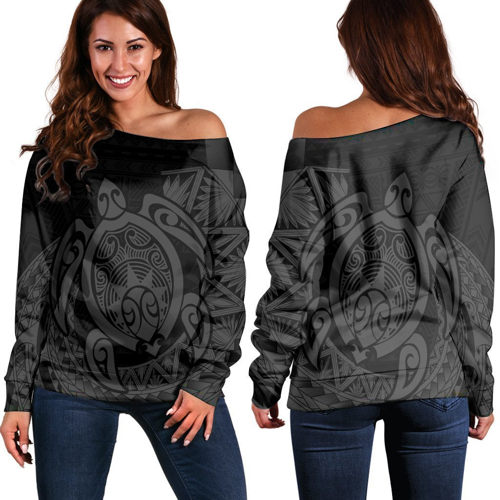 Hawaii Polynesian Turtle Women's Off Shoulder Sweater - Gray - AH Black - Polynesian Pride