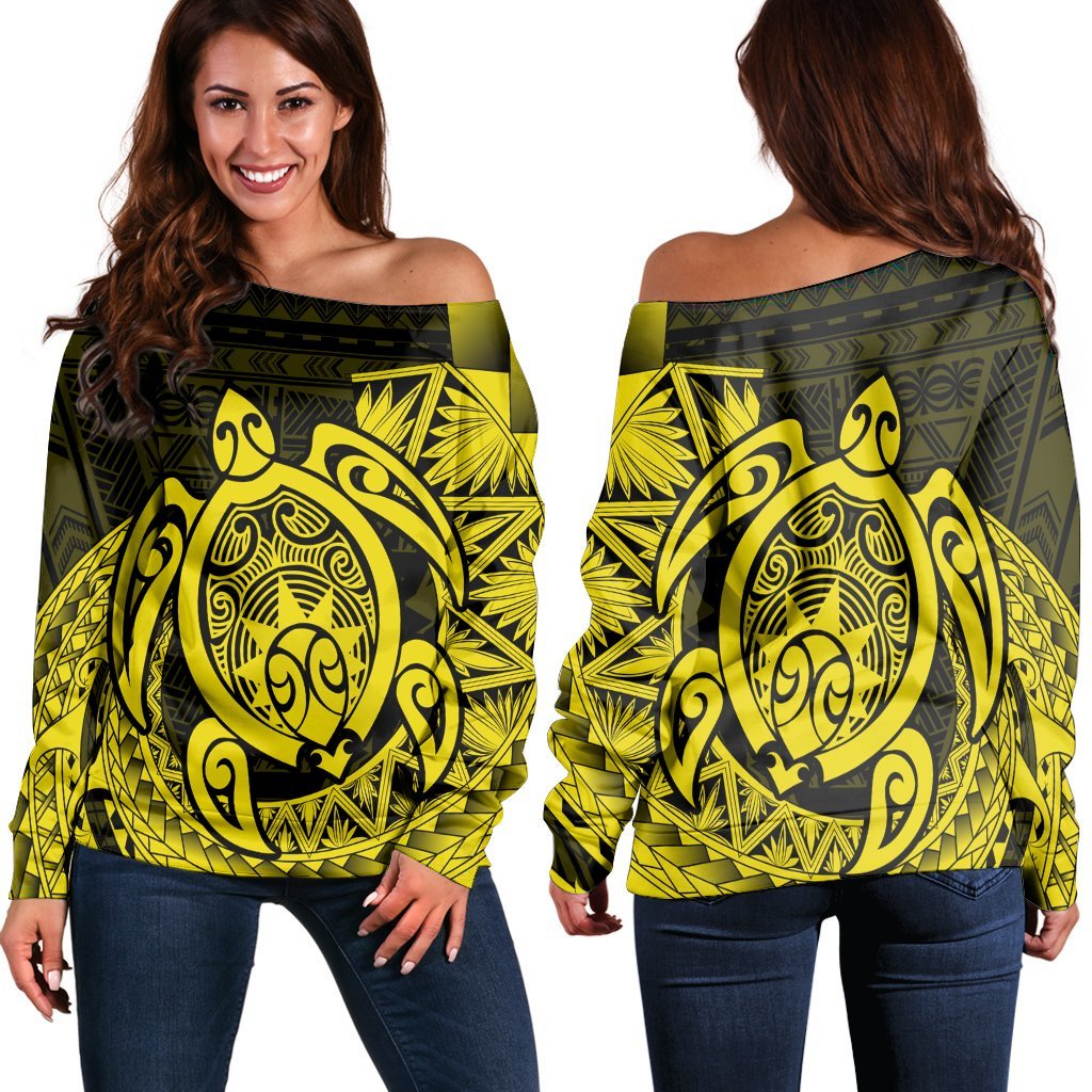 Hawaii Polynesian Turtle Women's Off Shoulder Sweater - Yellow - AH Black - Polynesian Pride