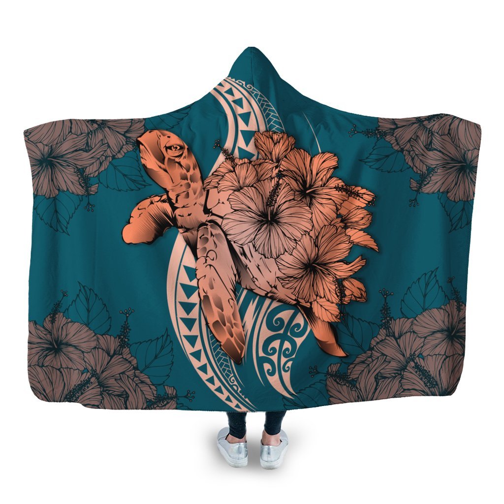 Hawaii Polynesian Turtle Hibiscus Hooded Blanket - AH Hooded Blanket White - Polynesian Pride