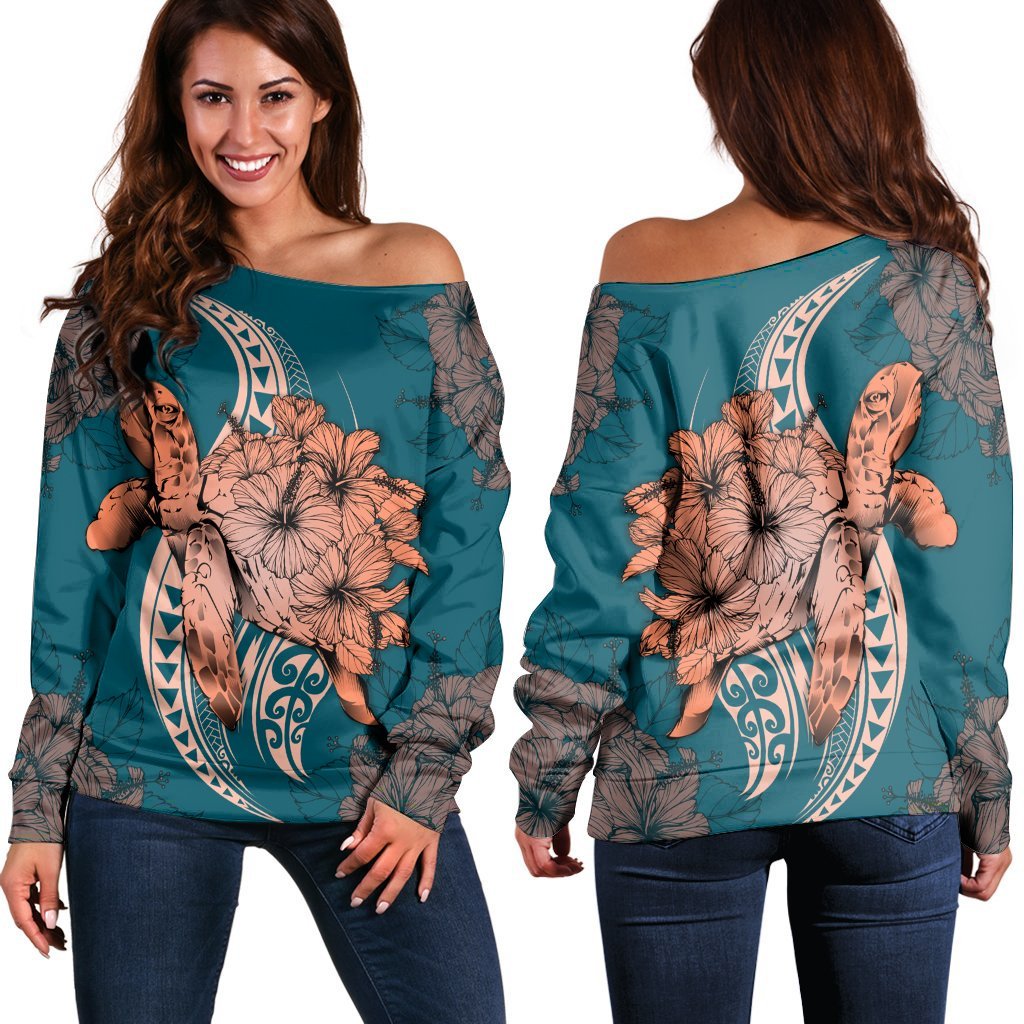 Hawaii Polynesian Turtle Hibiscus Women's Off Shoulder Sweater - AH Black - Polynesian Pride