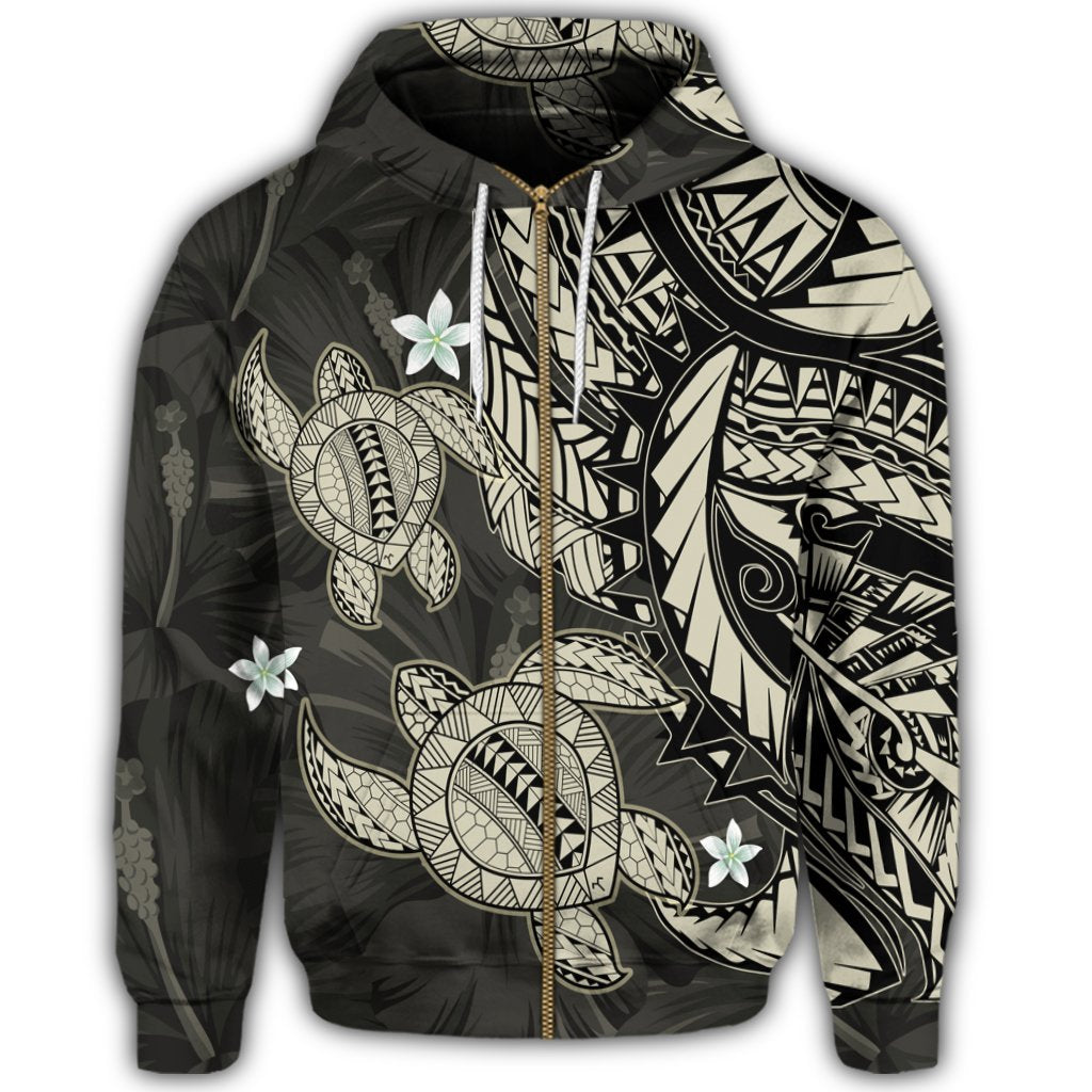 Hawaii Zip Hoodie Polynesian Turtle with Hibiscus Beige - Polynesian Pride