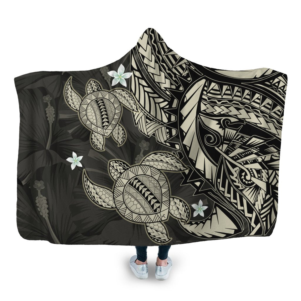 Hawaii Polynesian Turtle Hibiscus Hooded Blanket - Beige - AH Hooded Blanket White - Polynesian Pride