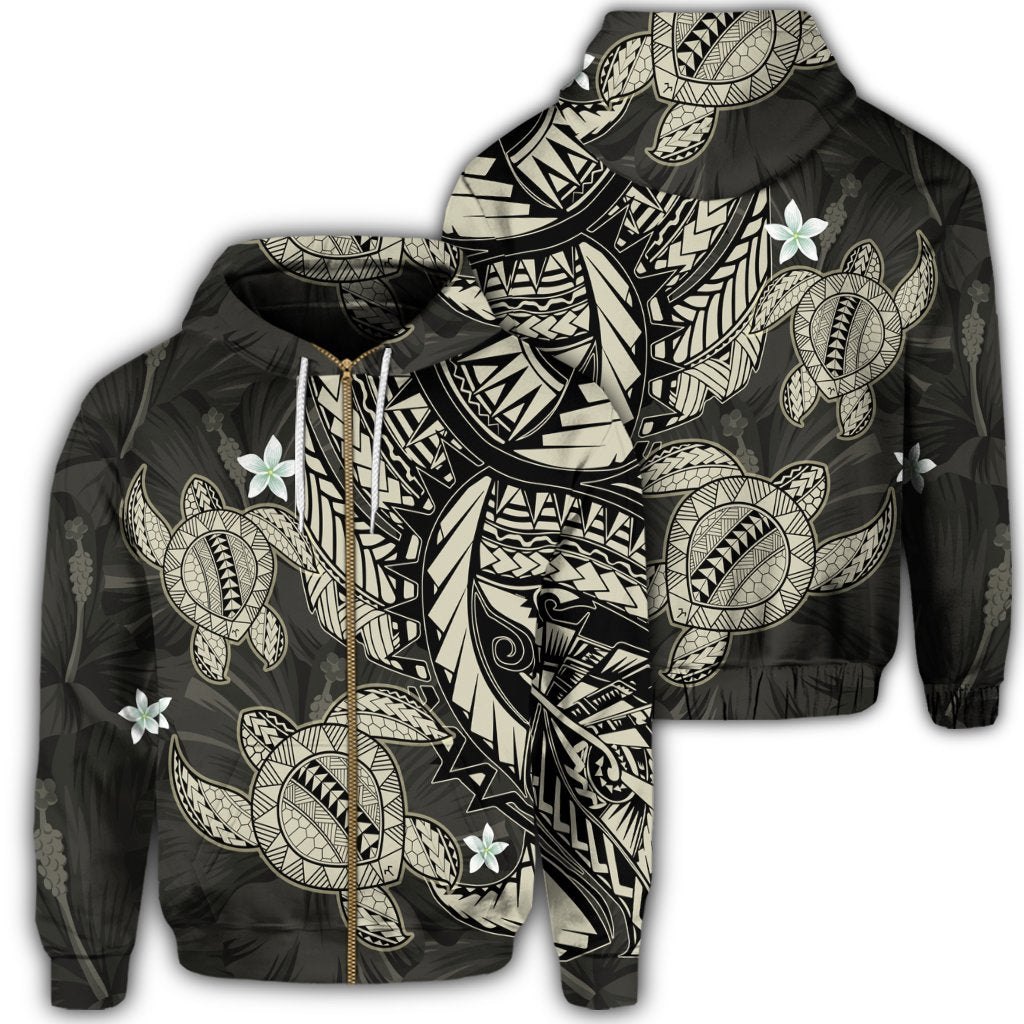 Hawaii Zip Hoodie Polynesian Turtle with Hibiscus Beige Unisex Art - Polynesian Pride