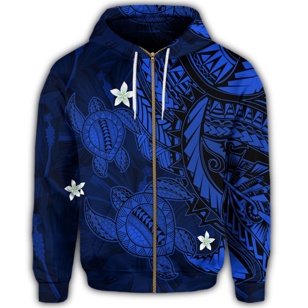 Hawaii Zip Hoodie Polynesian Turtle with Hibiscus Blue - Polynesian Pride