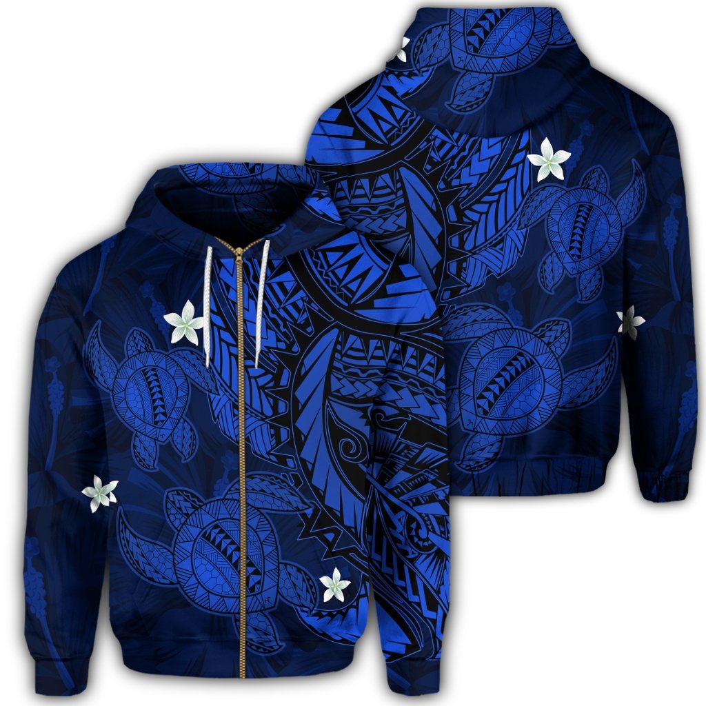Hawaii Zip Hoodie Polynesian Turtle with Hibiscus Blue Unisex Art - Polynesian Pride