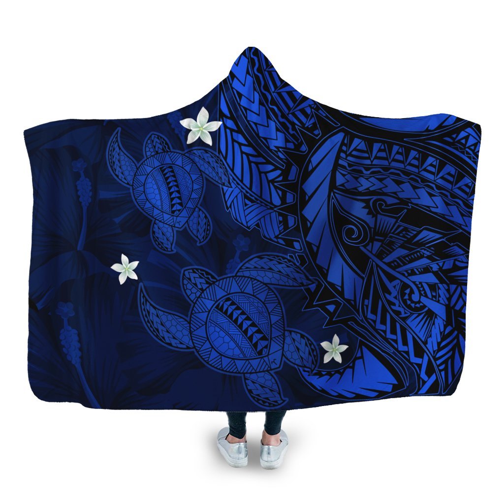 Hawaii Polynesian Turtle Hibiscus Hooded Blanket - Blue - AH Hooded Blanket White - Polynesian Pride