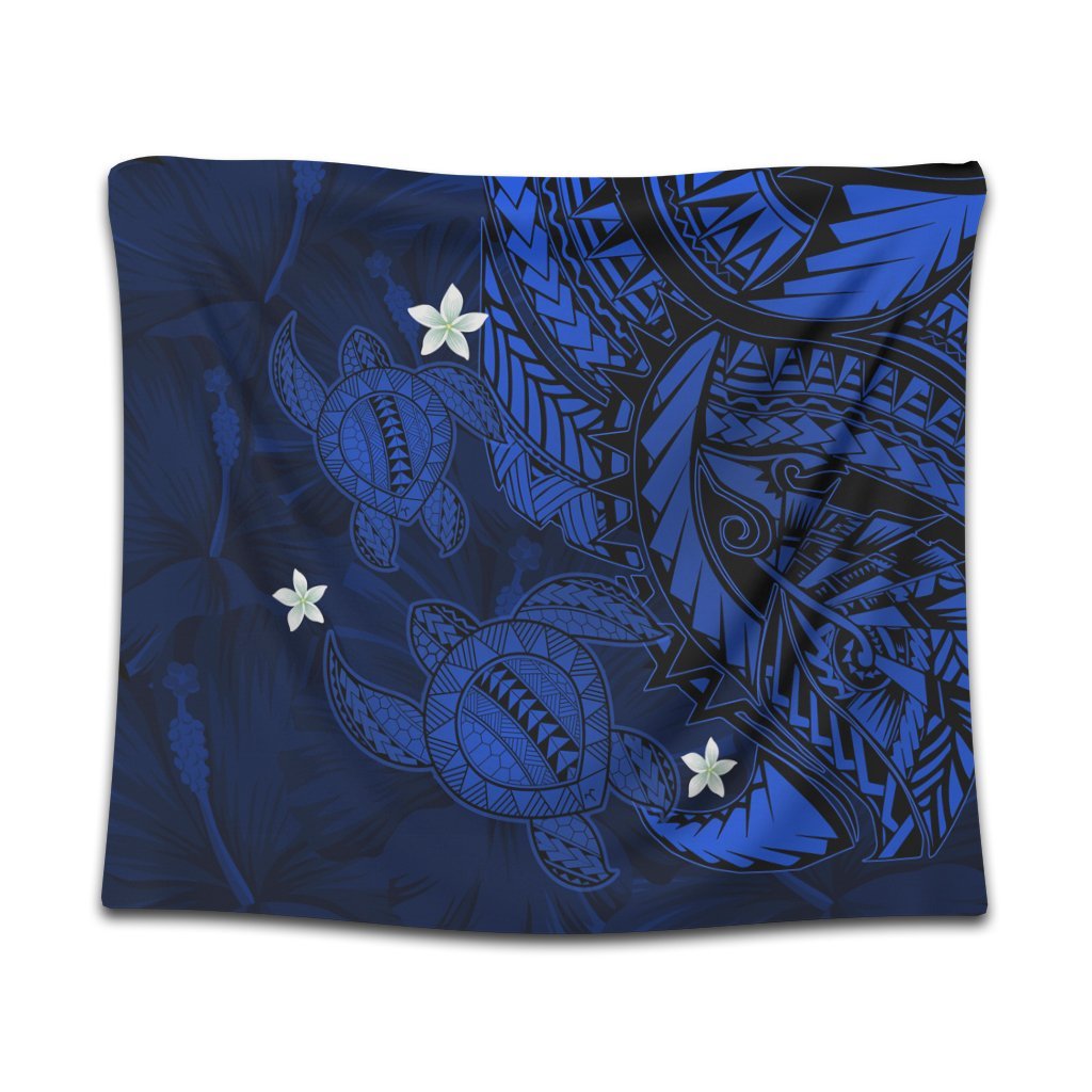 Hawaii Polynesian Turtle Hibiscus Tapestry - Blue - AH Wall Tapestry Black - Polynesian Pride