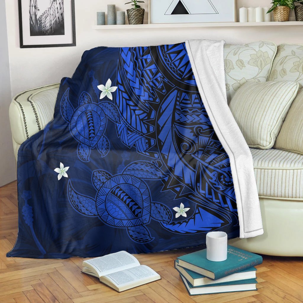 Hawaii Polynesian Turtle Hibiscus Premium Blankets - Blue - AH White - Polynesian Pride