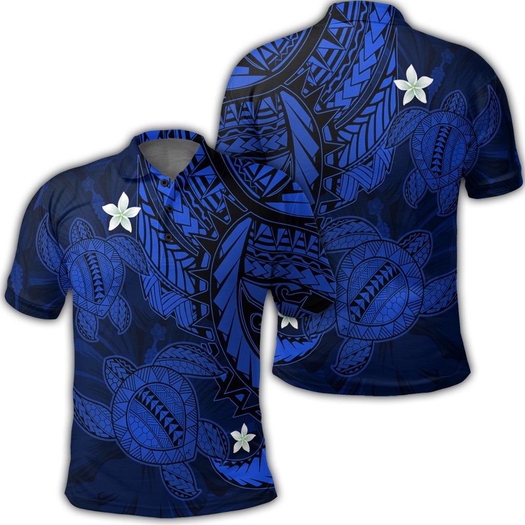 Hawaii Polynesian Turtle Hibiscus Polo Shirt Blue Unisex Black - Polynesian Pride