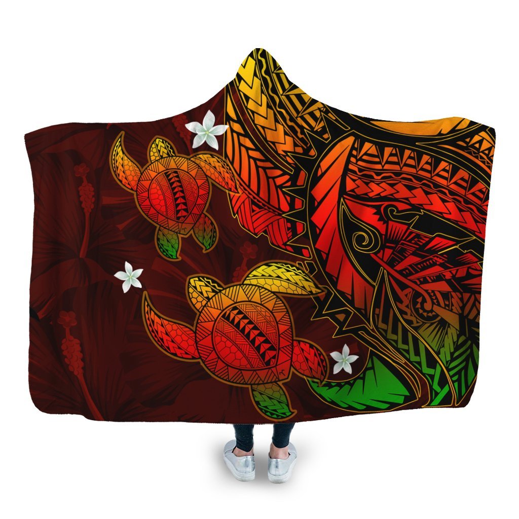 Hawaii Polynesian Turtle Hibiscus Hooded Blanket - Color Flag - AH Hooded Blanket White - Polynesian Pride